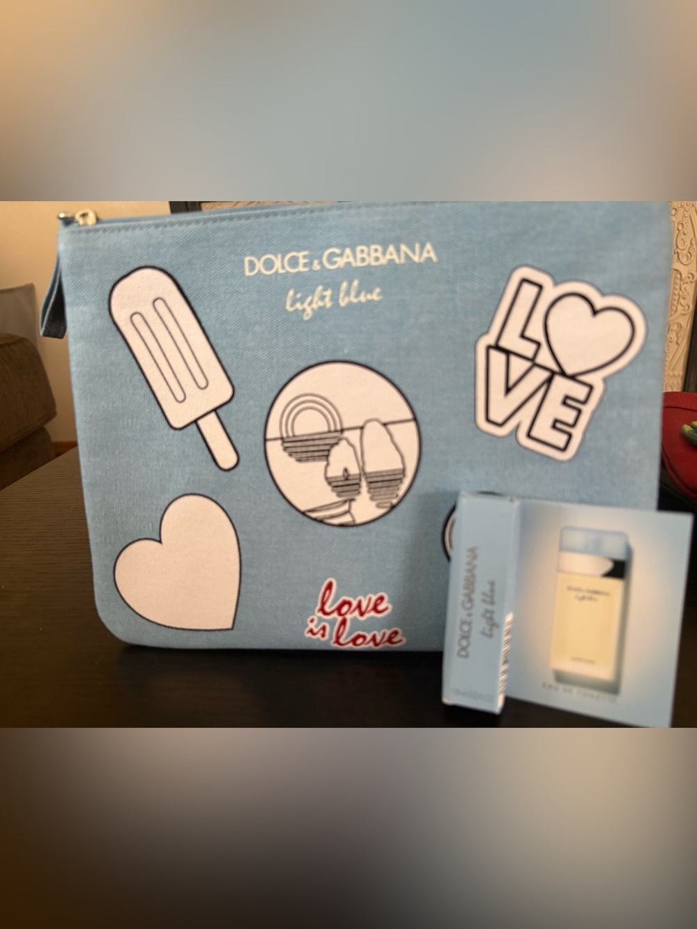 Dolce & Gabbana Light Blue Graphic Makeup Bag with Perfume Sample